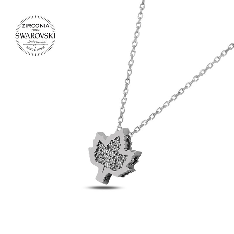 Gümüş%20Swarovski%20Zirconia%20Taşlı%20Çınar%20Yaprağı%20Kolye