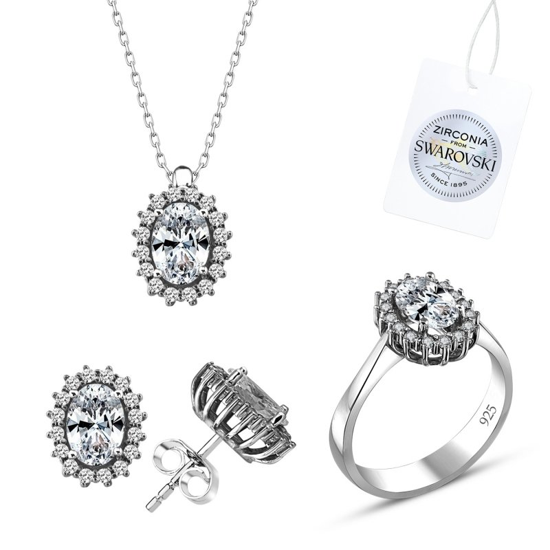 Gümüş%20Swarovski%20Zirconia%20Taşlı%20Oval%20Halo%20Tektaş%20Set