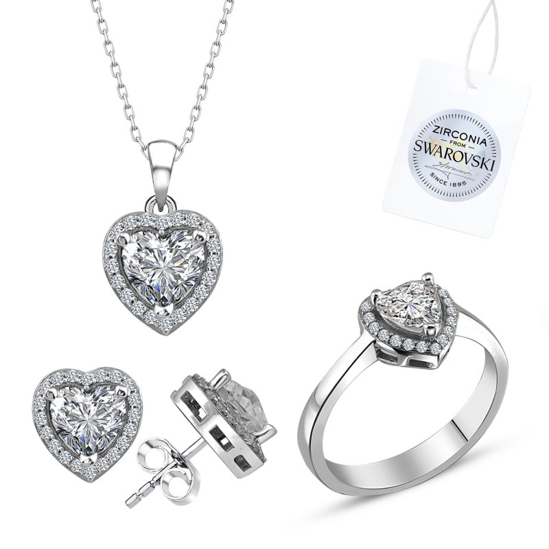 Gümüş%20Swarovski%20Zirconia%20Taşlı%20Kalp%20Halo%20Tektaş%20Set