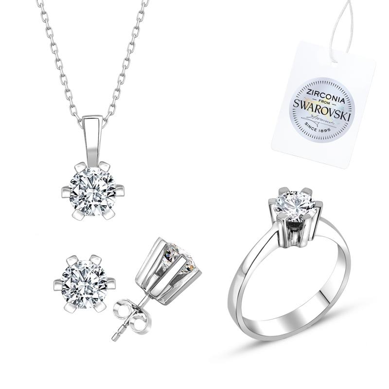 Gümüş%20Swarovski%20Zirconia%20Taşlı%20Tektaş%20Set