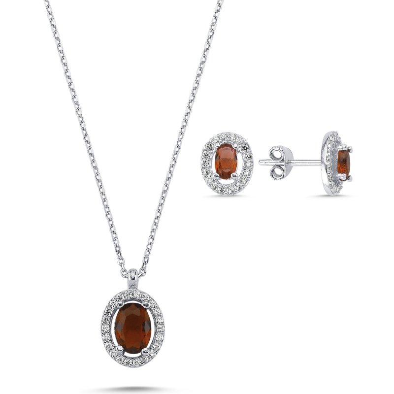 Gümüş%20Oval%20Garnet%20Zirkon%20Taşlı%20Halo%20Tektaş%20Set