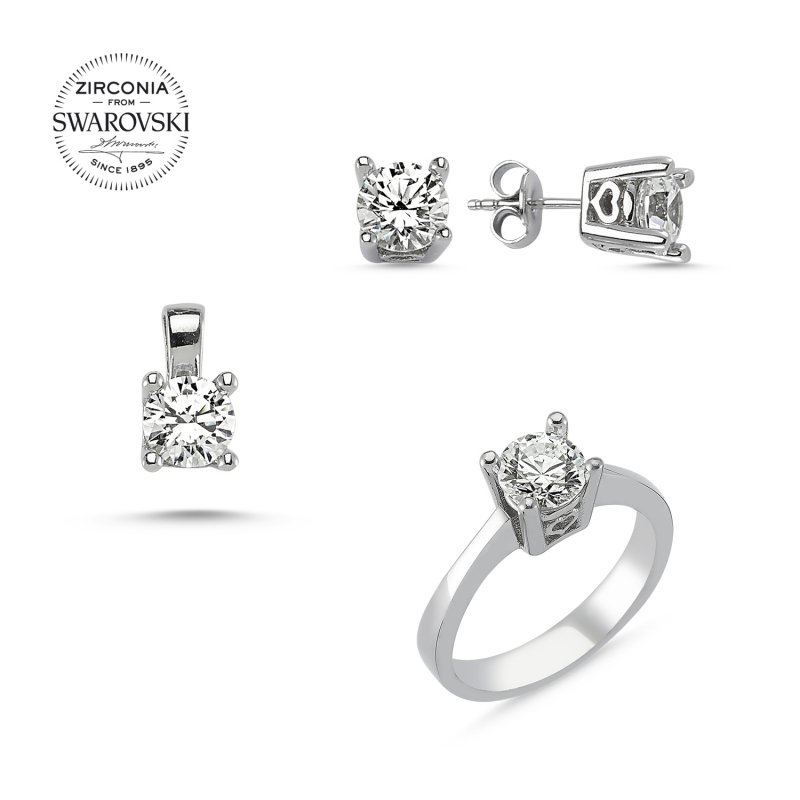 Gümüş%20Swarovski%20Zirconia%20Taşlı%20Tektaş%20Set