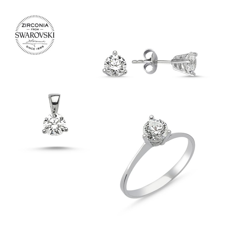 Gümüş%20Swarovski%20Zirconia%20Taşlı%20Tektaş%20Set