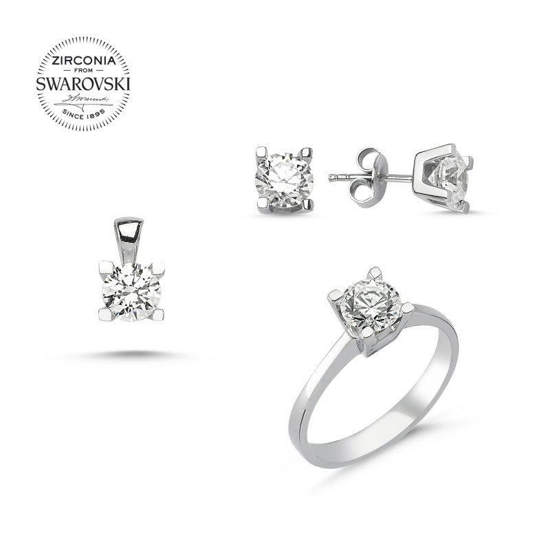 Gümüş%20Swarovski%20Zirconia%20Taşlı%20Tektaş%20Set