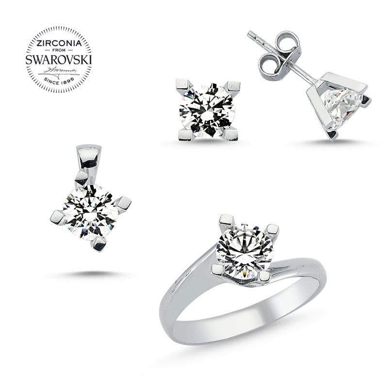 Gümüş%20Swarovski%20Zirconia%20Taşlı%20Tektaş%20Set