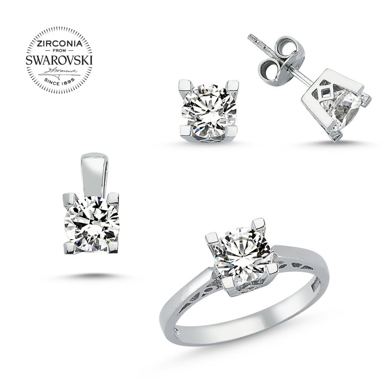 Gümüş%20Swarovski%20Zirconia%20Taşlı%20Tektaş%20Set