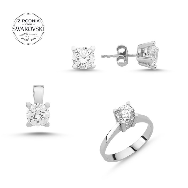 Gümüş%20Swarovski%20Zirconia%20Taşlı%20Tektaş%20Set