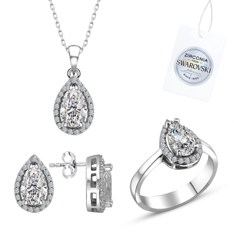 Gümüş%20Swarovski%20Zirconia%20Damla%20Taşlı%20Tektaş%20Set