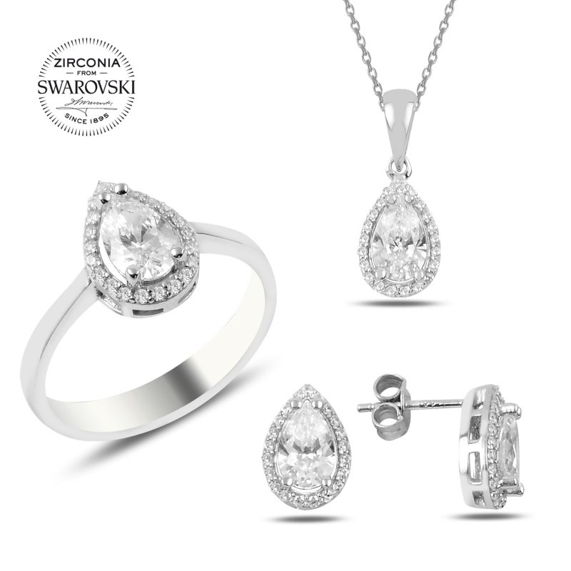 Gümüş%20Swarovski%20Zirconia%20Damla%20Taşlı%20Tektaş%20Set