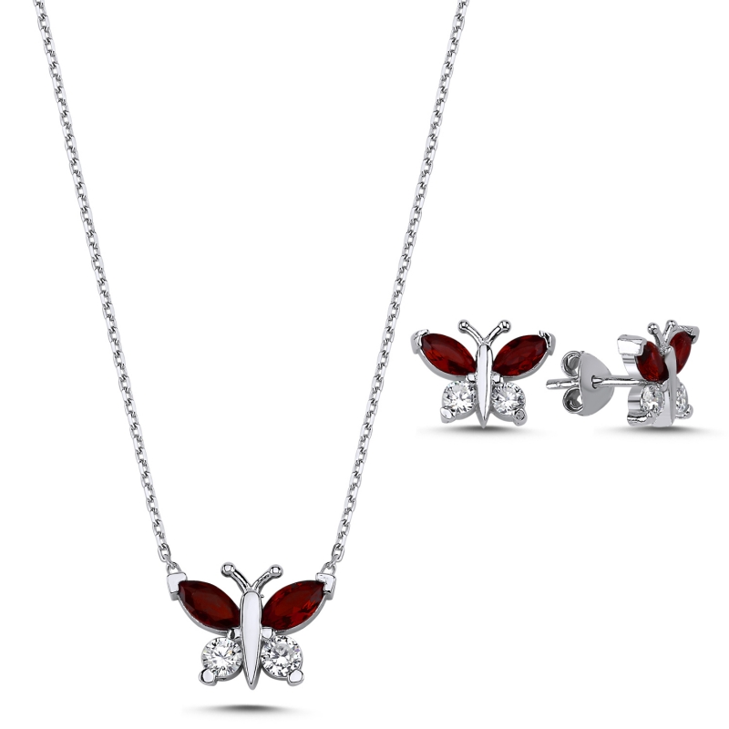 Gümüş%20Renkli%20Zirkon%20Taşlı%20Kelebek%20Set-Garnet%20zirkon%20(kırmızı)