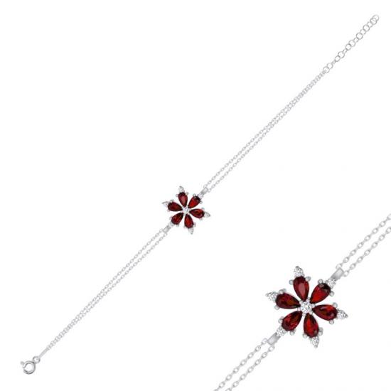 Gümüş Lotus Çiçeği Garnet Zirkon Taşlı Bileklik