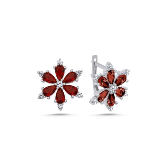 Gümüş Lotus Çiçeği Garnet Zirkon Taşlı Küpe