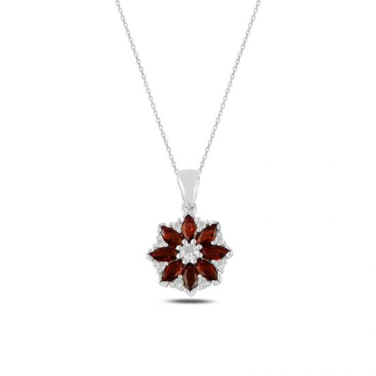 Gümüş Çiçek Garnet Zirkon Taşlı Kolye