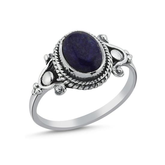 Gümüş Lapis Lazuli Oval Kesim & Etnik Detaylı Oksitli Yüzük