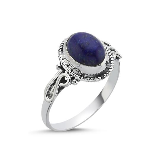 Gümüş Lapis Lazuli Oval Kesim & Etnik Detaylı Oksitli Yüzük