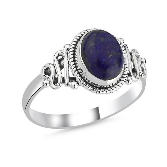 Gümüş Lapis Lazuli Oval Kesim & Etnik Detaylı Oksitli Yüzük