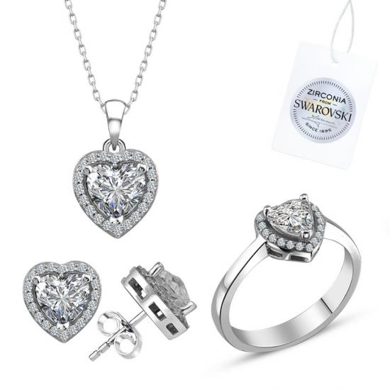 Gümüş Swarovski Zirconia Taşlı Kalp Halo Tektaş Set