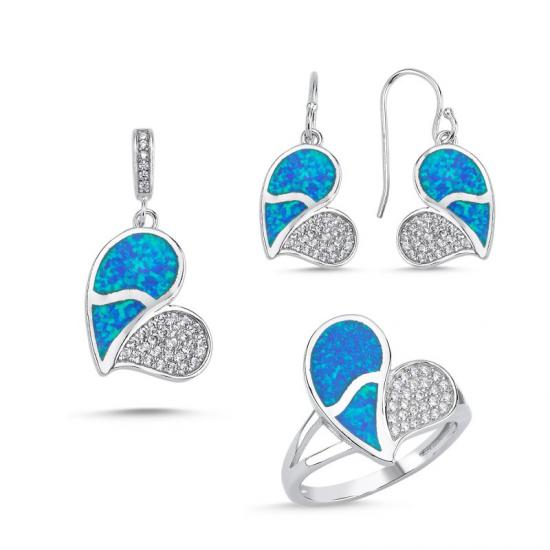 Gümüş Kalp Opal & Zirkon Taşlı Set