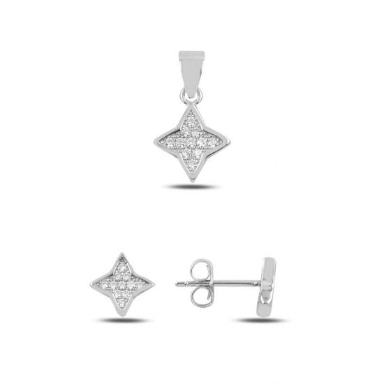 Gümüş Zirkon Taşlı Quatrefoil Küpe & Kolye Ucu Set